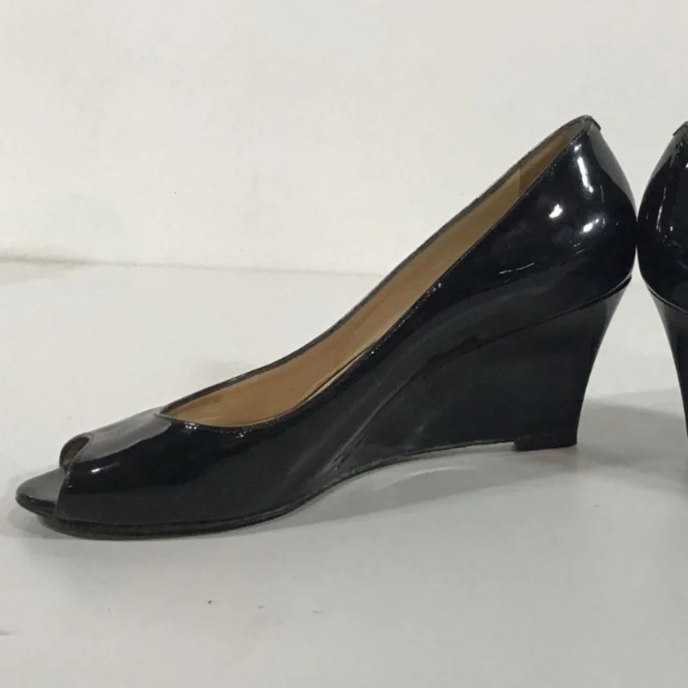 Women’s Jimmy Choo Black Patent Wedge Peep-Toe Shoes Size 38.5